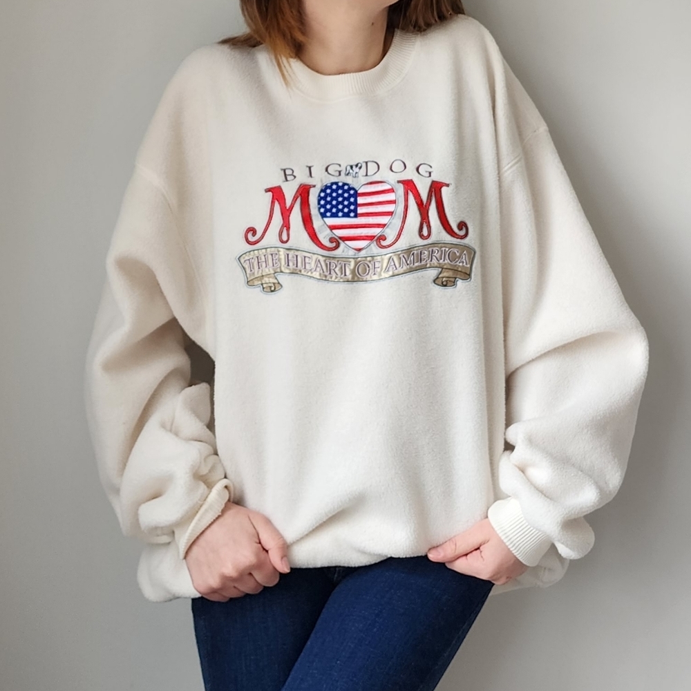 VINTAGE Big Dog Mom The Heart of America Graphic Text Pullover Crewneck Fleece L